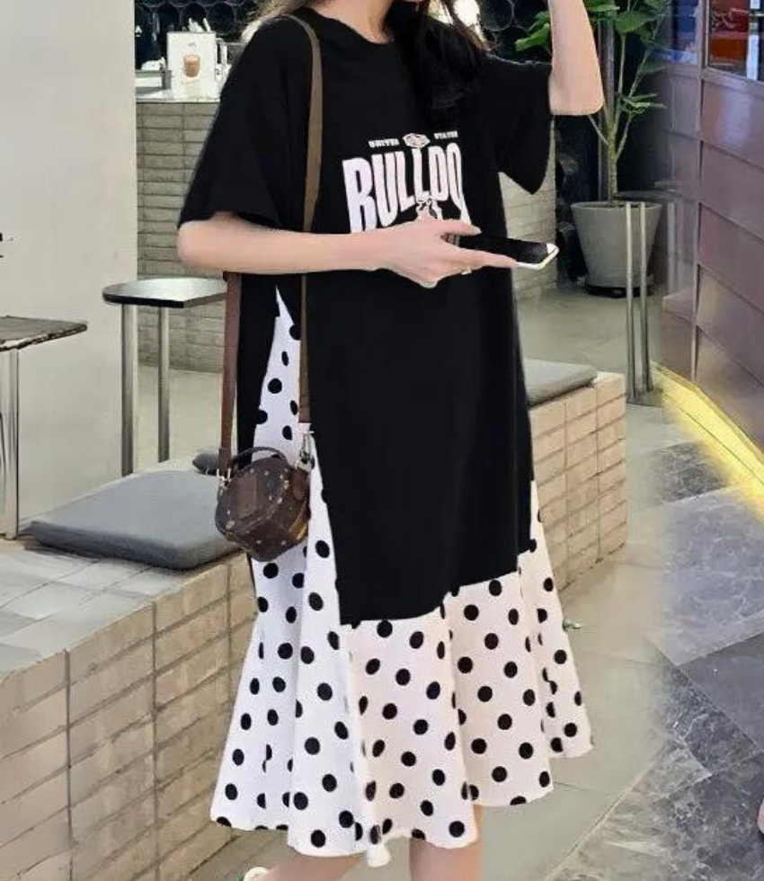 Polka Dot Flare Long T-shirt Nursing Dress